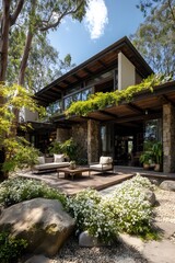 Fototapeta premium A modern house with glass walls, wooden beams, and a stone facade.