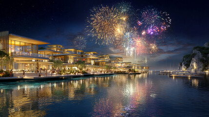 Festive fireworks display over waterfront buildings at night, creating a vibrant and celebratory atmosphere