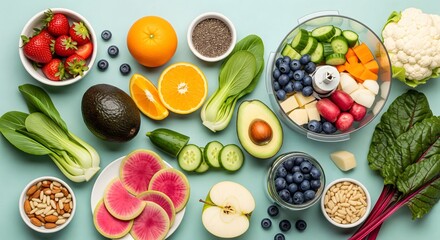 Flat Lay Arrangement of Healthy Diverse Fruits and Vegetables Preparation