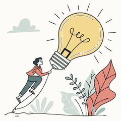 Woman holding a rope attached to a glowing light bulb
