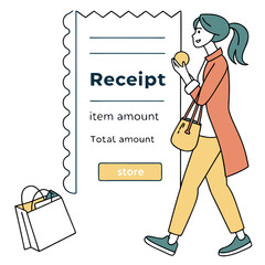 Woman holding apple walking past shopping bags and receipt