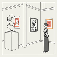Woman viewing art in a museum exhibition art gallery