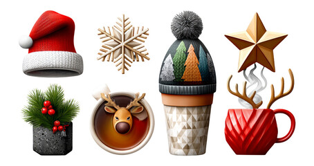 Festive Elements Including Santa Hat, Snowflake, Reindeer, and Christmas Decor