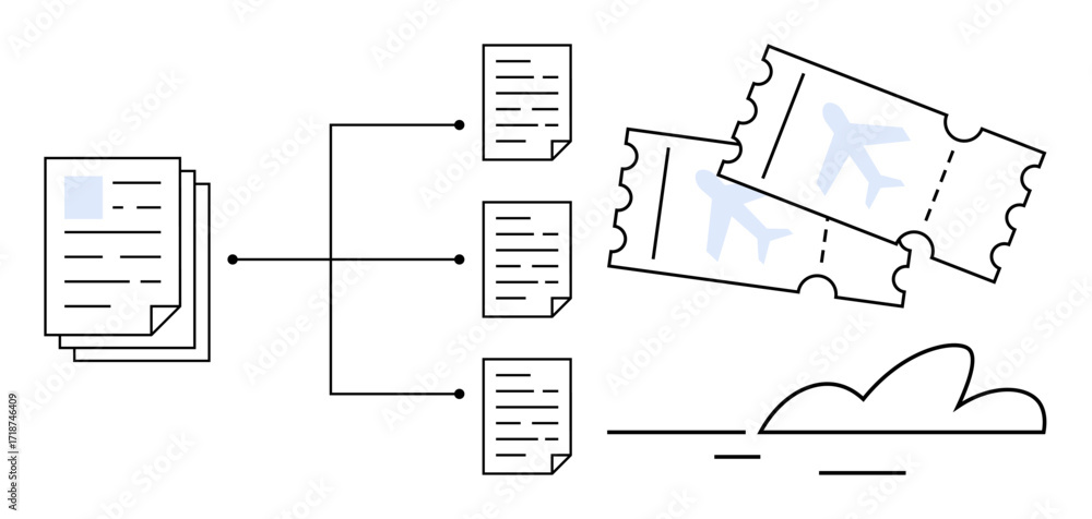 Poster stack of papers connecting to individual documents and plane tickets with a cloud element. ideal for
