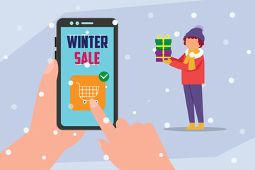 A person uses a mobile phone to shop for winter sales, with a man offering a gift box on a snowy background 2d flat vector illustration