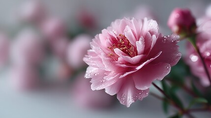 Delicate Pink Carnation Petals Macro Close Up with Water Droplets in Soft Light and Blurred Floral Background