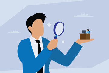 Recruitment and Employee Evaluation, Big Man Holding Magnifying Glass to Find Small Worker.