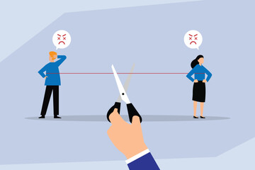 2d flat vector illustrationEnding a Relationship or Business Partnership, The Concept of Cutting the Connection Between Two People