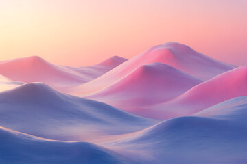 Abstract landscape of soft pink and blue rolling hills at sunrise