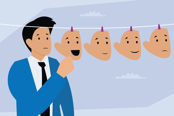 Psychological Duality and Emotional Masks, Man Hanging Different Masks on a Clothesline 2d flat vector illustration