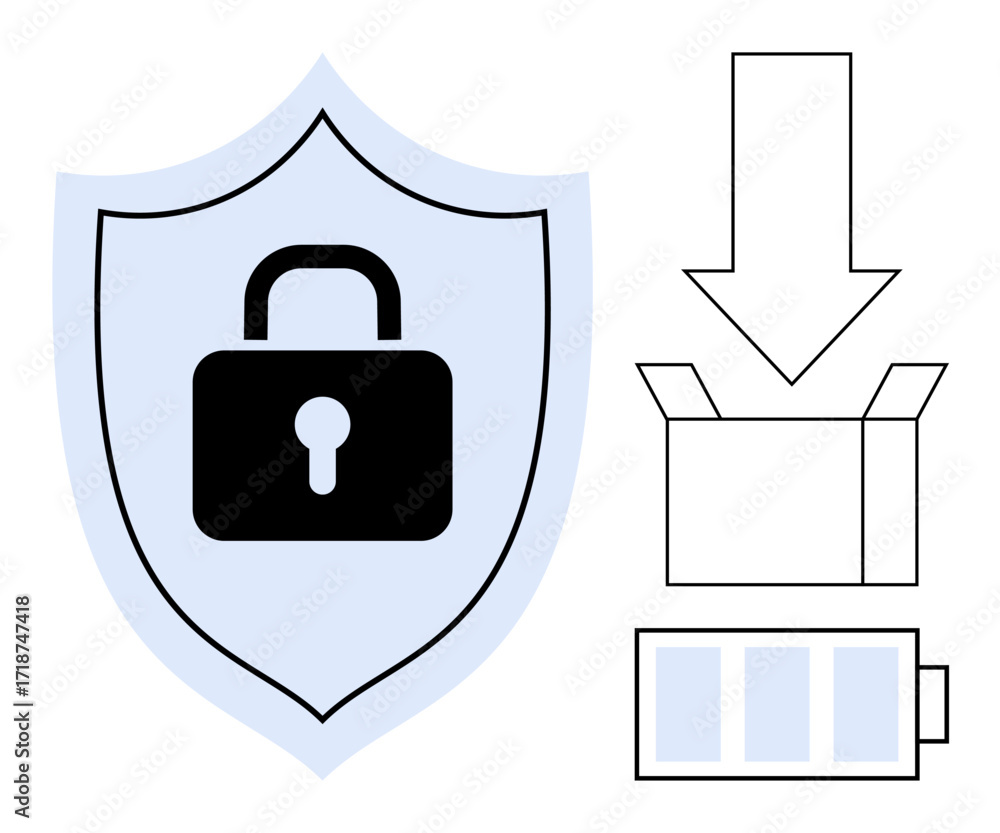 Poster lock on shield symbolizing security, arrow pointing to open box, battery icon for energy. ideal for 