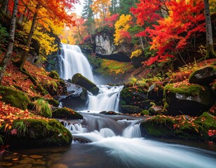Vibrant Autumn Waterfall Cascading Through a Lush Forest with Fiery Foliage