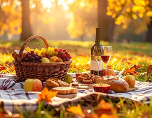 Autumn Picnic in the Park Basket of Fruit, Wine, and Golden Leaves on a Sunny Afternoon