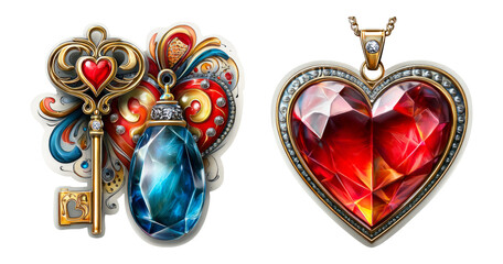 Elegant Heart-Shaped Jewelry and Key Design with Colorful Detail and Style