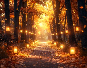 A magical autumn forest path adorned with numerous glowing lanterns, casting a warm golden light through the vibrant fall foliage, inviting peaceful exploration