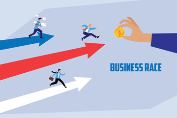 Business Competition and Financial Race, Men Running on Arrows to Get a Coin 2d flat vector illustration