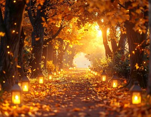 A breathtaking autumnal pathway adorned with numerous luminous lanterns, creating a magical ambiance amidst a carpet of brilliant fallen leaves and golden light