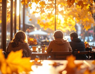 Friends gather at a sun-drenched outdoor cafe, enjoying warm drinks amidst the vibrant golden hues of autumn foliage, creating a cozy and inviting seasonal atmosphere