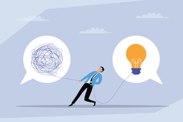Problem-Solving and Finding an Idea, A Man Pulling a Lightbulb out of a Tangle of Messy Wires. 2d flat vector illustration