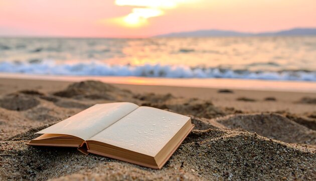 Open book on beach at sunset