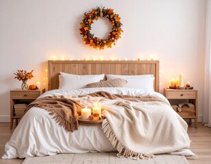 Cozy Autumn Bedroom with Warm Lighting and Festive Wreath Decoration