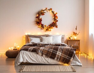 A cozy and inviting bedroom interior decorated for the autumn season, featuring a warm plaid blanket, glowing candles, and a festive fall wreath