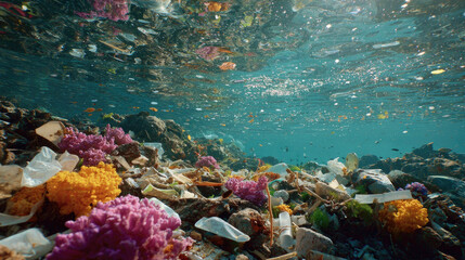 under water view of plastic trash near vibrant coral on white background