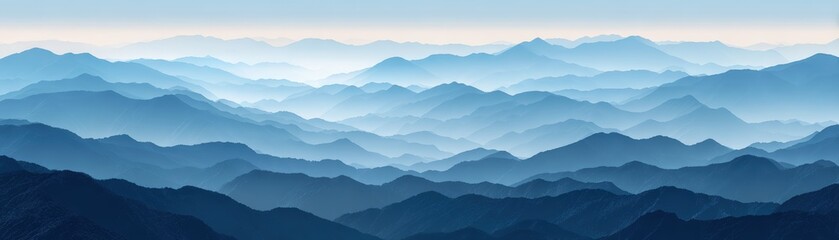Fototapeta premium Serene blue layered mountain ranges receding into the distance create a sense of depth and peacefulness in this tranquil landscape scene.