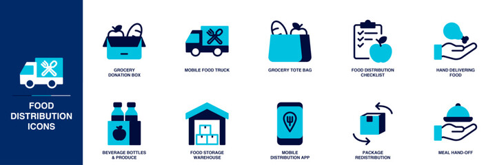 Food Distribution Blue Colored Outline Icon Set
