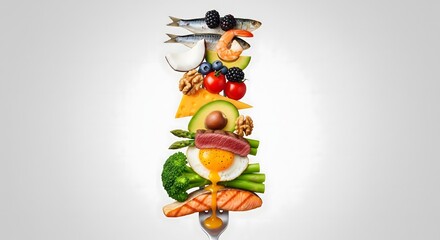 Fototapeta premium Stacked Delicious Ketogenic Diet Ingredients on Fork Isolated Over White