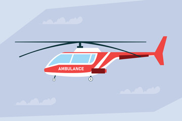 Air Medical Ambulance Helicopter, A Red and White Helicopter Flying in the Sky. 2d flat vector illustration