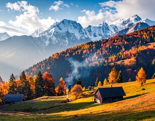 Autumnal Mountain Valley Vivid Colors of Fall with Snow-Capped Peaks