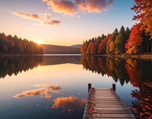 Vibrant autumn landscape with a tranquil lake reflecting colorful forest trees and a golden sunset sky, featuring a rustic wooden pier creating a serene and picturesque outdoor scene