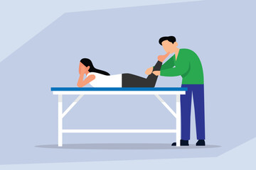 A physical therapist helps a woman with leg exercises, rehabilitation, and recovery from injury 2d flat vector illustration