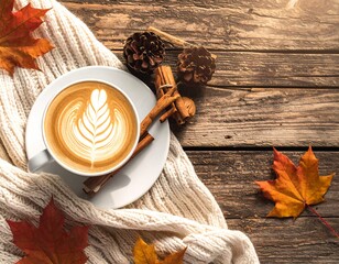 Coffee cup, autumn leaves, pine cones, and cinnamon sticks on wooden table