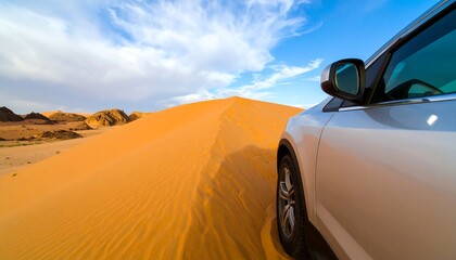 Off-road vehicle ascending a dune in a desert landscape