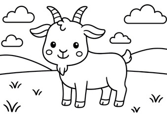 Fototapeta premium Farm Coloring Page, cute cartoon goat with curved horns standing in a grassy field with hills and clouds in the background for kids to enjoy coloring.