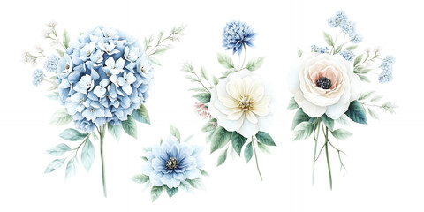 Delicate pastel floral arrangements featuring blue hydrangeas white roses and light blue blossoms