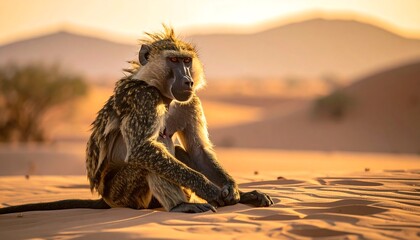 Baboon Sitting in the Desert Landscape at Sunset.