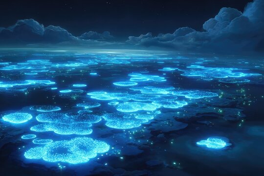 Neon-lit city circles on a dark, cloud-filled night