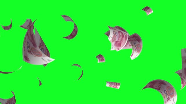 Money rain 100 yuan china banknotes money falling down. RRC currency. 3D render. Animation. paper money bills falling. Business and finance