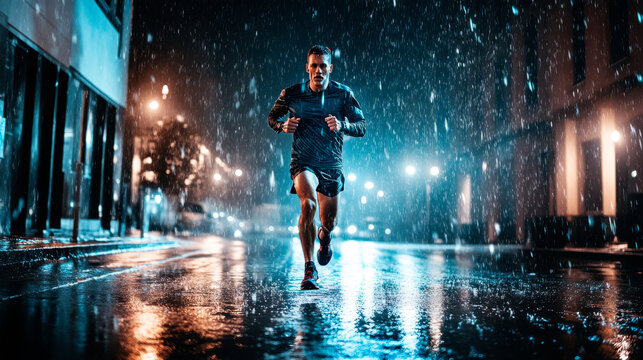 Male runner running while raining at night