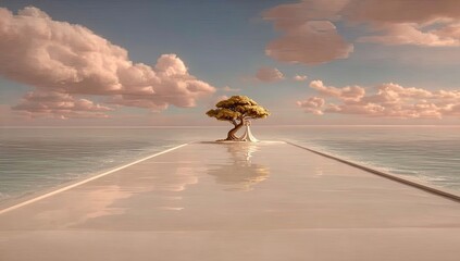 Serene coastal pathway with bonsai