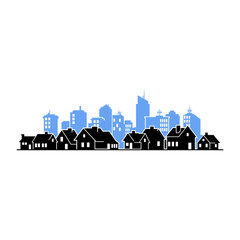 Obraz premium Silhouette of suburban houses stands in front of a blurred city skyline, creating a contrast between residential and urban areas in a minimalist style.