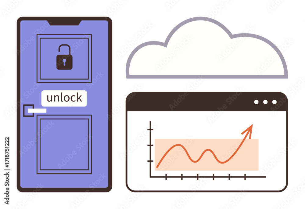 Poster door with unlock sign, cloud symbol, and analytics graph in web browser interface. ideal for securit