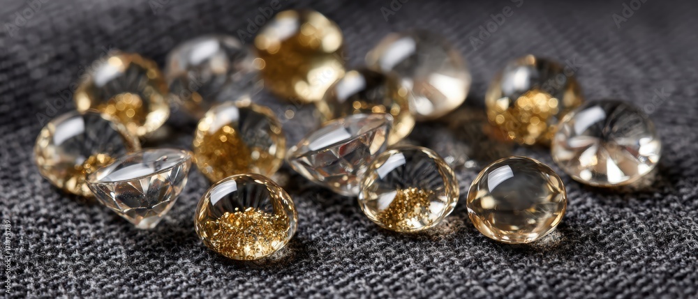 Poster sparkling gems with golden and clear hues glisten on a textured gray fabric, creating a captivating 