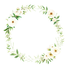 Fototapeta premium Delicate Watercolor Wreath Of White Roses And Green Leaves Transparent Background