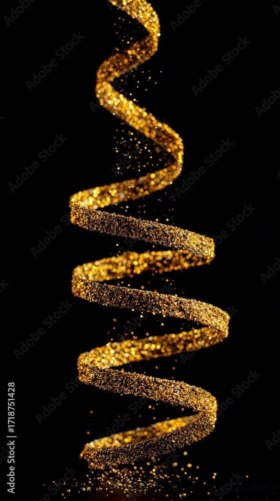 Poster sparkling golden ribbon gracefully unfurls against a stark black backdrop, creating a mesmerizing an