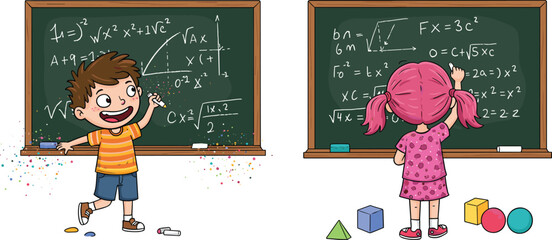 Cartoon boy and girl studying math on chalkboard, children learning equations in classroom, cute kids education illustration with blackboard © Creative Asif