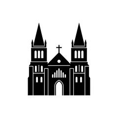 Silhouette of a church stands prominently against a white backdrop, showcasing its architectural details and religious significance, creating a solemn atmosphere.